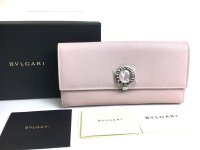 BVLGARI Light Pink Leather Logo Clip Bifold Long Wallet #a548