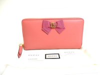 GUCCI GG Marmont Ribbon Motif Pink Leather Round Zip Wallet #a558