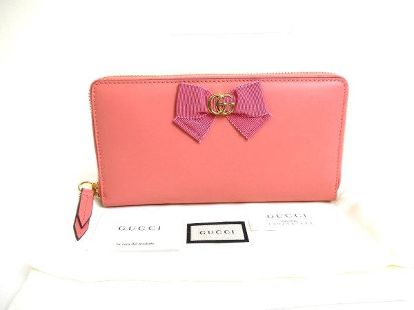 Photo1: GUCCI GG Marmont Ribbon Motif Pink Leather Round Zip Wallet #a558