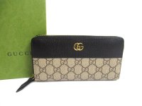 GUCCI Double G Beige Coating Canvas Black Leather Round Zip Wallet #a566