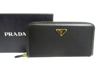 PRADA Black Nylon Leather Gold H/W Round Zip Long Wallet #a570