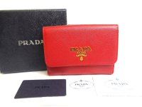 PRADA Saffiano Red Leather Bifold Wallet Compact Wallet #a580