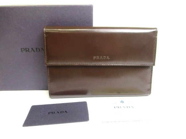 Photo1: PRADA Dark Brown Leather Trifold Wallet Compact Wallet #a582