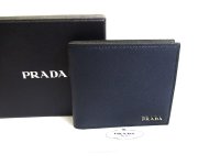 PRADA Saffiano Navy Blue Gray Leather Bifold Wallet Compact Wallet #a586