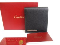 Cartier Santos de Cartier Black Leather Bifold Bill Wallet Card Holder #a588