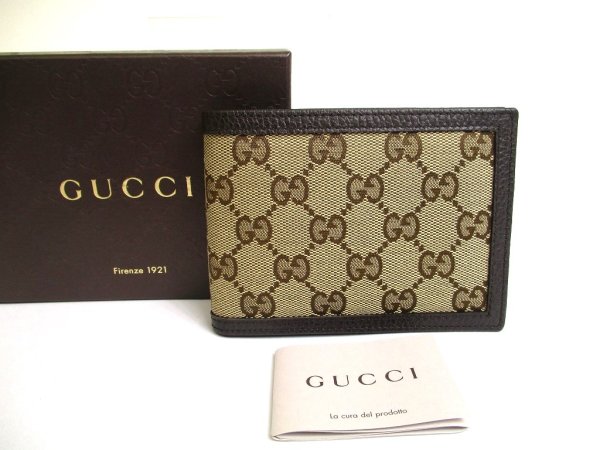 Photo1: GUCCI Green GG Canvas Brown Leather Bifold Wallet Compact Wallet #a602