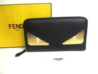 FENDI Bugs Metal Black Leather Round Zip Long Wallet #a613