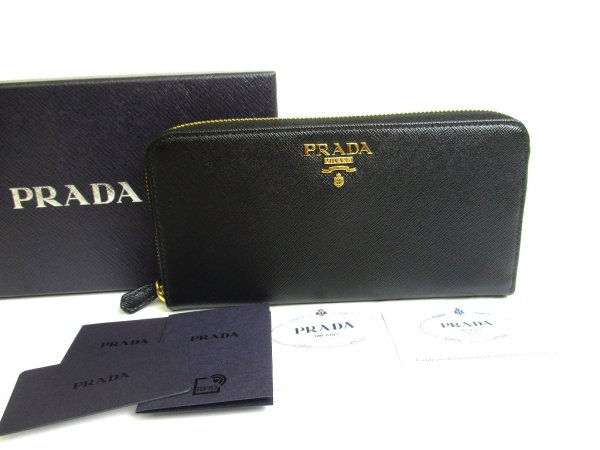 Photo1: PRADA Saffiano Black Leather Gold H/W Large Round Zip Long Wallet #a616