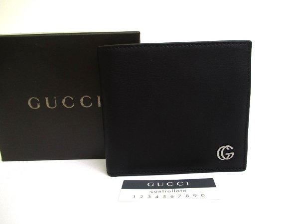 Photo1: GUCCI Double G Black Leather Bifold Wallet Compact Wallet #a630