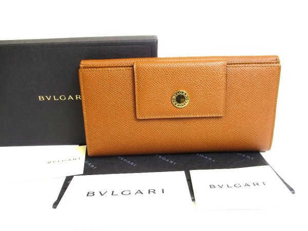 Photo1: BVLGARI Brown Leather Classico Gold H/W Trifold Long Flap Wallet #a632