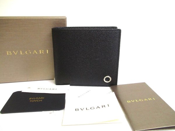 Photo1: BVLGARI Black Leather Bifold Wallet Compact Wallet #a633