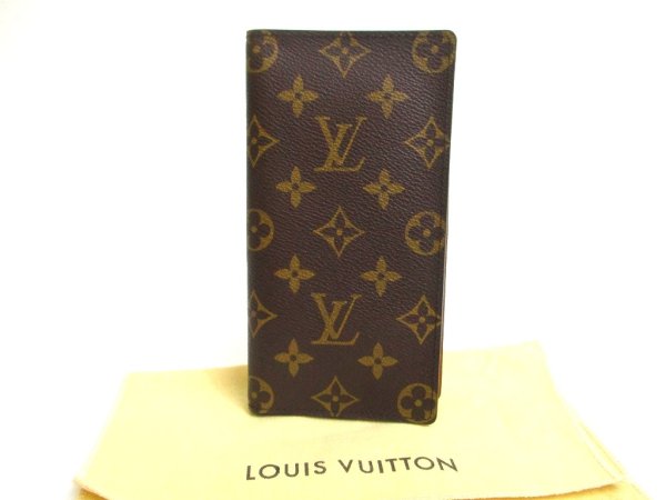 Photo1: LOUIS VUITTON Monogram Brown Leather Flap Checkbook Bill Wallet #a640