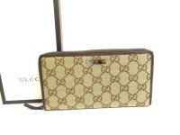 GUCCI GG Brown Canvas White Leather Round Zip Long Wallet #a695