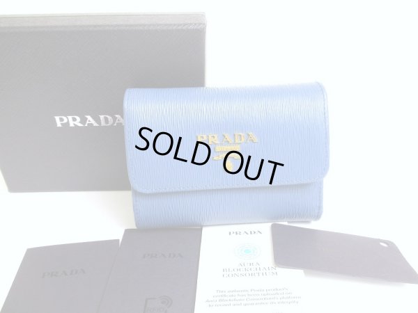 Photo1: PRADA Cobalto Blue Leather Trifold Wallet Compact Wallet #a698