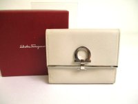 Salvatore Ferragamo Gancini Light Beige Leather Silver H/W Bifold Wallet #a701