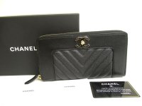 CHANEL CC Logo Mademoiselle Black Leather Round Zip Long Wallet Purse #a713