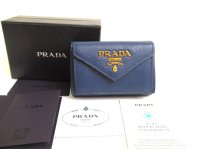PRADA Blue Saffiano Mtal Leather Trifold Wallet Compact Wallet #a717