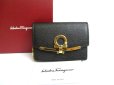 Photo1: Salvatore Ferragamo Gancini Black Leather Gold H/W Business Card Holder #a718 (1)