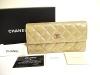 CHANEL Champagne Gold Fabric Flap Long Wallet Purse #a728