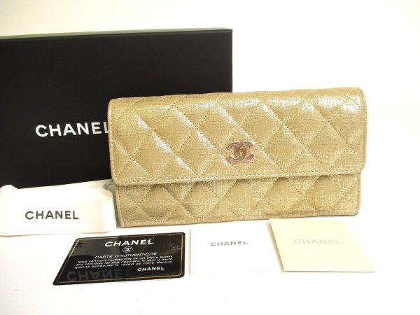 Photo1: CHANEL Champagne Gold Fabric Flap Long Wallet Purse #a728