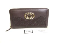 GUCCI GG Dark Brown Leather Round Zip Wallet #a735
