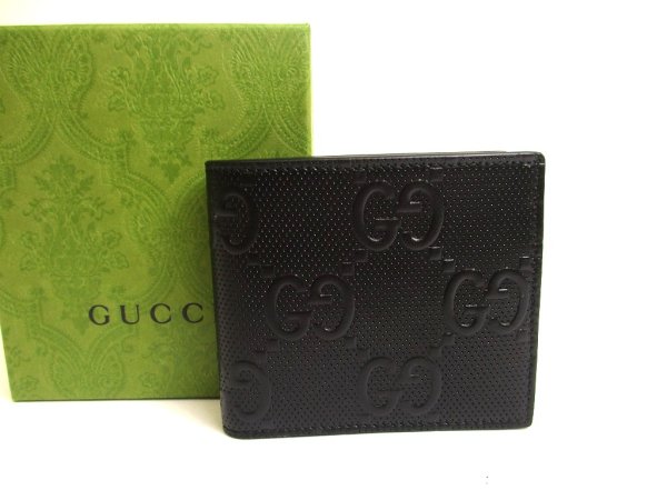 Photo1: GUCCI Embossed GG Black Leather Bifold Wallet Compact Wallet #a745