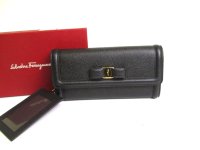 Salvatore Ferragamo Vala Black Leather Gold H/W Flap Wallet #a753