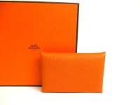 HERMES Vert Orange Veau Epson Leather Card Case Card Holder Calvi #a758