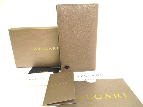 Photo1: BVLGARI Man Khaki Leather Flap Long Wallet #a762