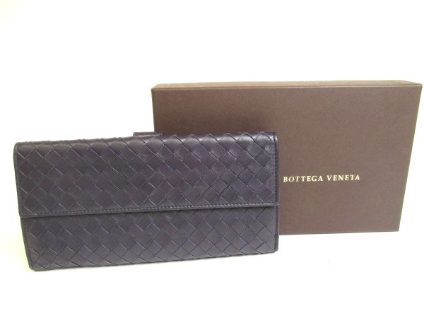Photo1: BOTTEGA VENETA Intrecciato Deep Navy Blue Leather Flap Long Wallet #a763