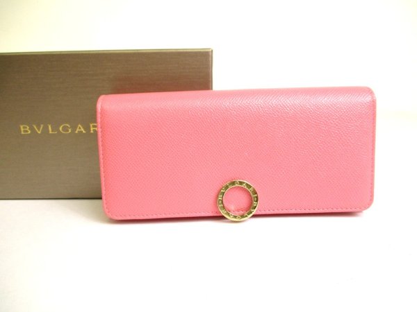 Photo1: BVLGARI Pink Leather Logo Clip Gold H/W Flap Long Wallet #a769