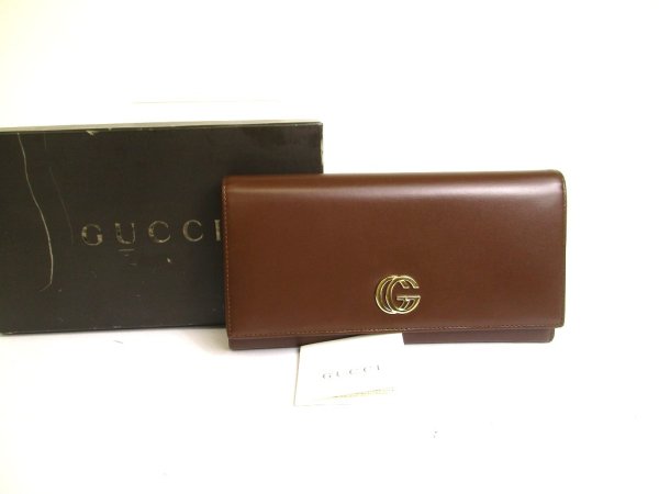 Photo1: GUCCI Double G Dark Brown Leather Flap Long Wallet #a775