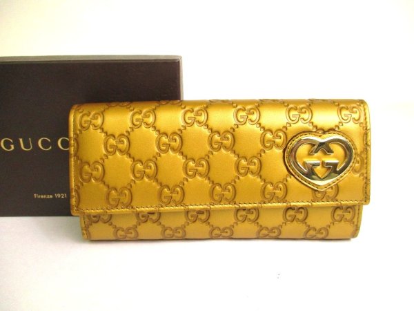 Photo1: GUCCI Guccissima Gold Leather Heart Motif Flap Wallet #a776