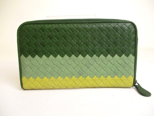 Photo2: BOTTEGA VENETA Intrecciato Green Tricolor Leather Round Zip Wallet Purse #a777