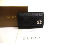 GUCCI Interlocking G Black Leather 6 Pics Key Chain #a778