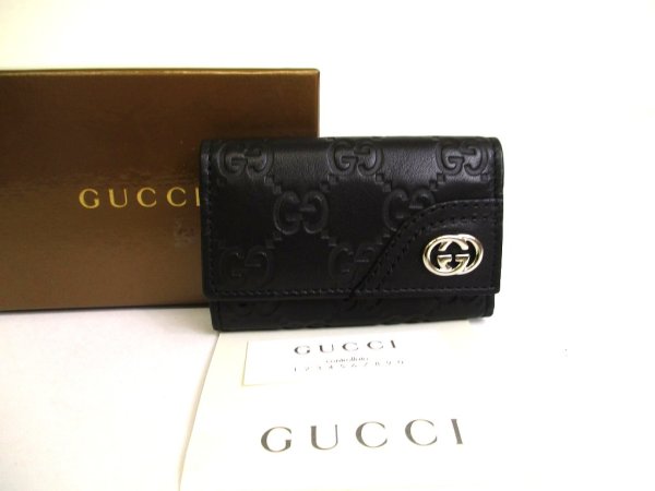 Photo1: GUCCI Interlocking G Black Leather 6 Pics Key Chain #a778