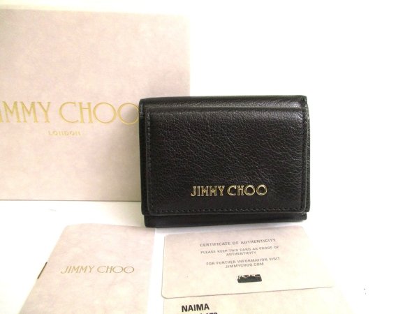 Photo1: Jimmy Choo Metal Logo Black Leather Trifold Wallet Compact Wallet NAIMA #a789