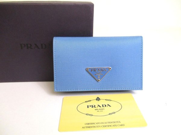 Photo1: PRADA Light Blue Nylon Black Leather Card Case Card Holder #a793