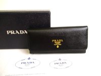 PRADA Black Saffiano Leather 6 Pics Key Chain #a796