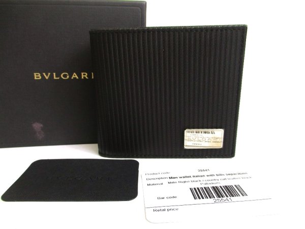 Photo1: BVLGARI Black Leather Coationg Canvas Mirerige Bifold Wallet #a797