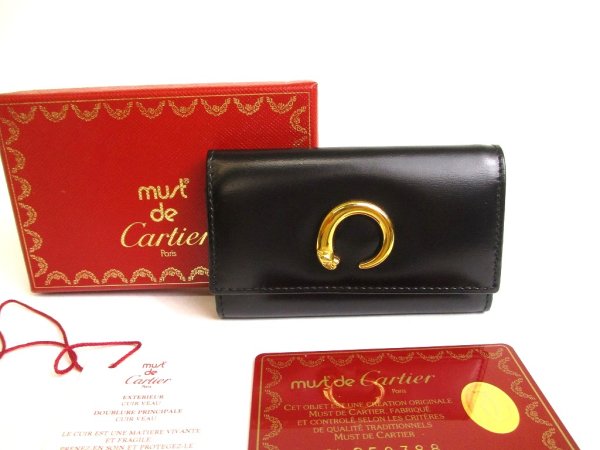 Photo1: Cartier Panthere de Cartier Black Leather 6 Pics Key Chain #a803