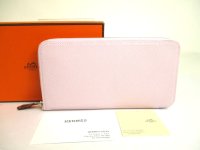 HERMES Lignt Pink Veau Epson SILK'IN LINE Round Zip Wallet Azap Long #a817