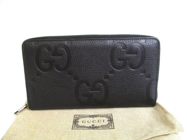 Photo1: GUCCI JUmbo GG Black Leather Round Zip Wallet #a821