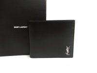 Saint Laurent Silver YSL Motif Black Leather Bifole Bill Wallet #a823