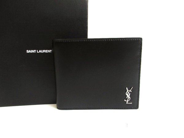 Photo1: Saint Laurent Silver YSL Motif Black Leather Bifole Bill Wallet #a823