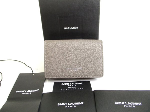 Photo1: Saint Laurent YSL Gray Leather Trifold Wallet Compact Wallet #a831