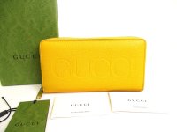 GUCCI Logo Motif Yellow Leather Round Zip Long Wallet #a835