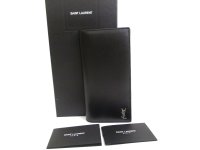 Saint Laurent Paris Silver YSL Motif Black Leather Long Flap Wallet #a848