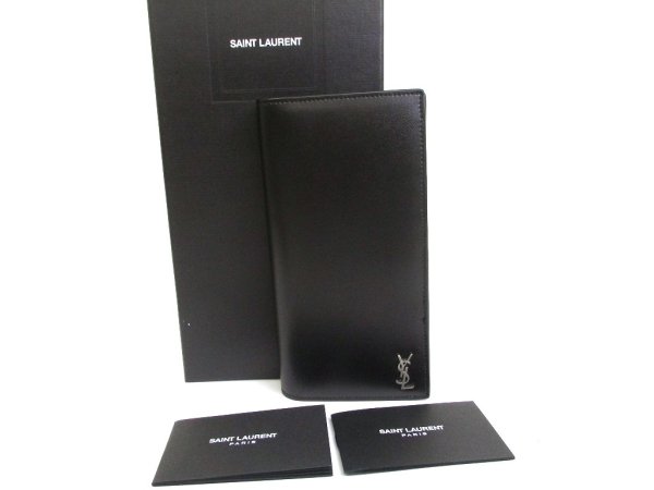Photo1: Saint Laurent Paris Silver YSL Motif Black Leather Long Flap Wallet #a848