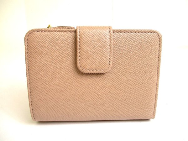 Photo2: PRADA Saffiano Beige Leather Bifold Wallet Compact Wallet #a849